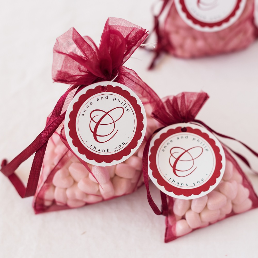 Personalized Round Favor Tags with Sheer Organza Bags