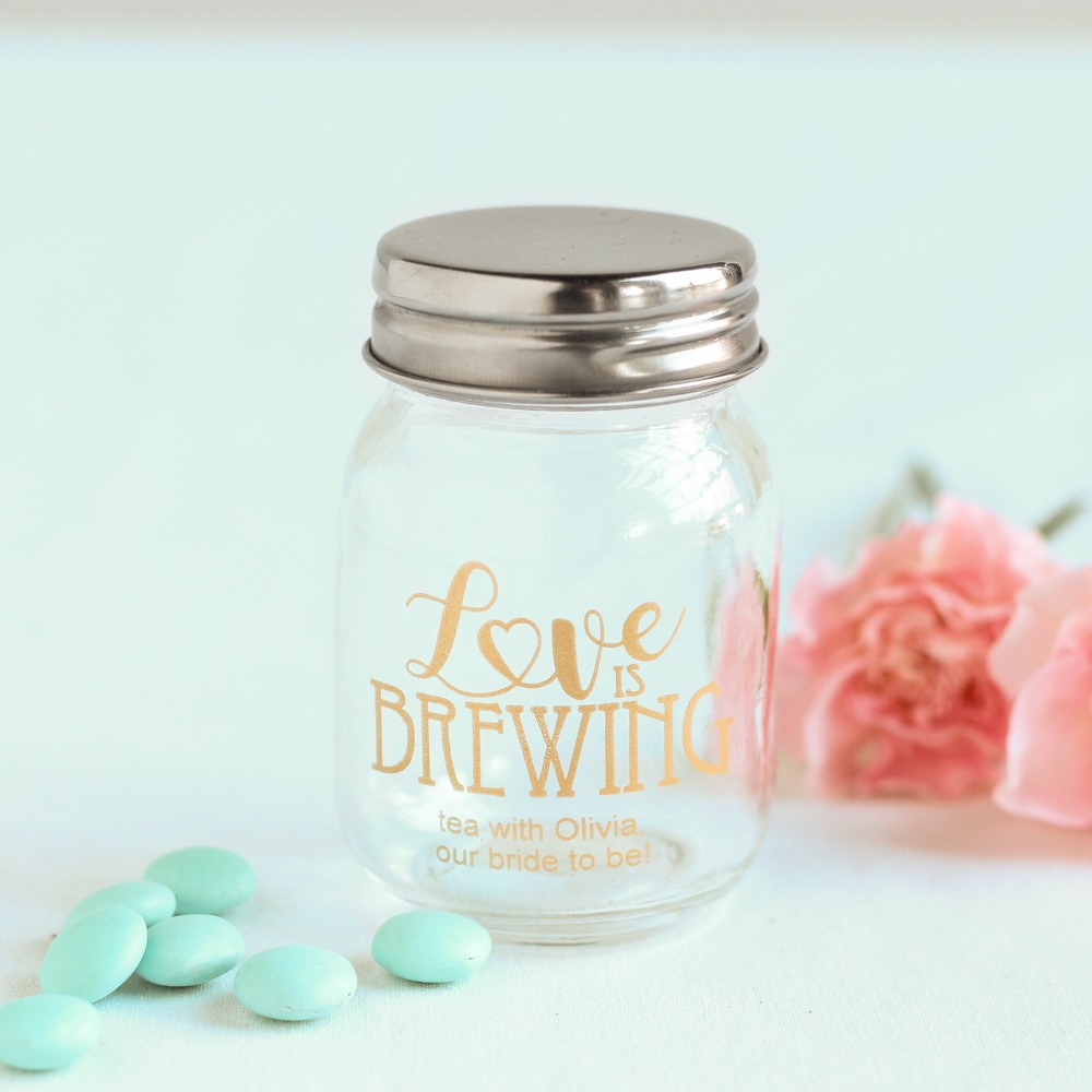 Personalized Love is Brewing Printed Mini Mason Jars