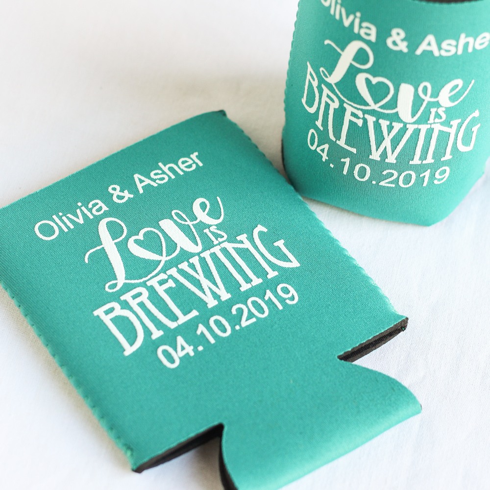 Personalized Love is Brewing Neoprene Wedding Can Sleeve