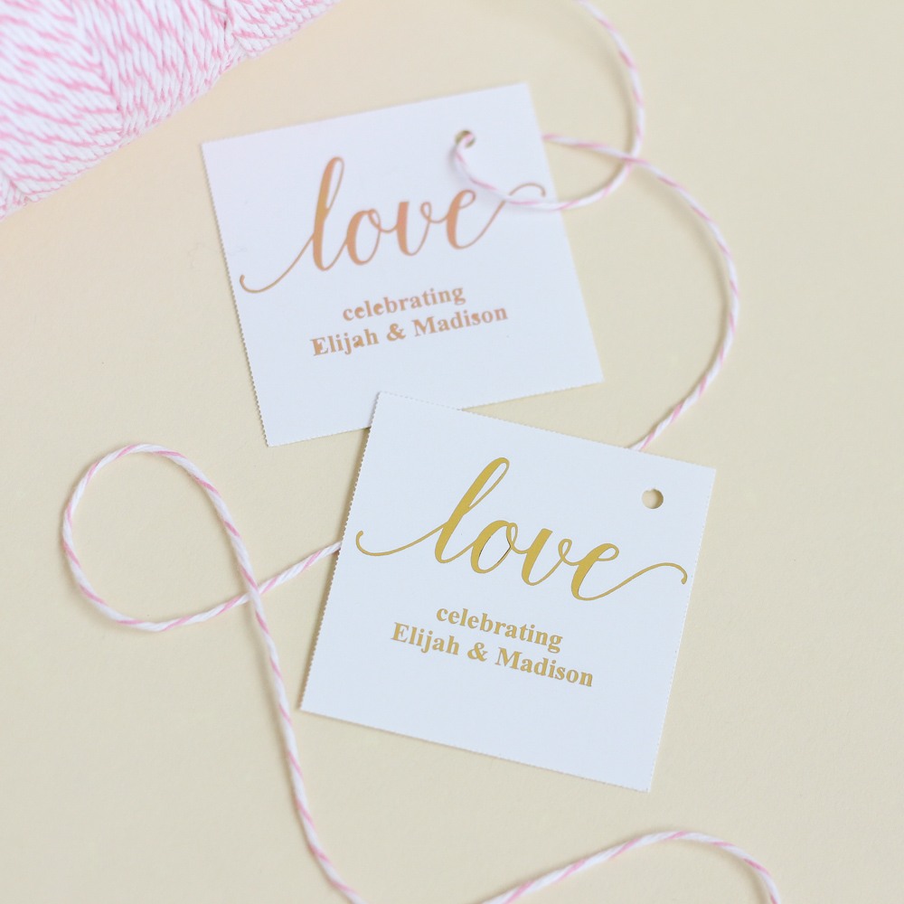 Personalized Love Script Metallic Foil Square Favor Tags and Labels