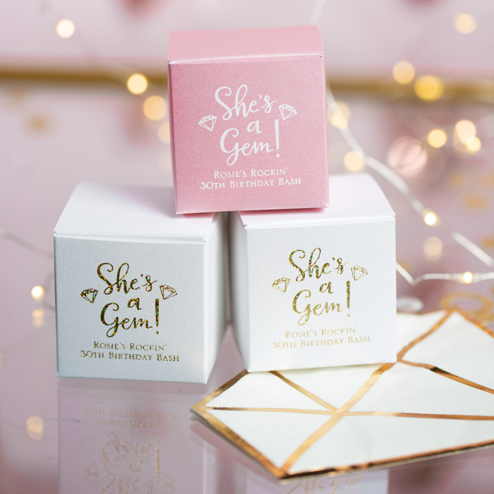 Personalized She's a Gem Square Birthday Favor Boxes