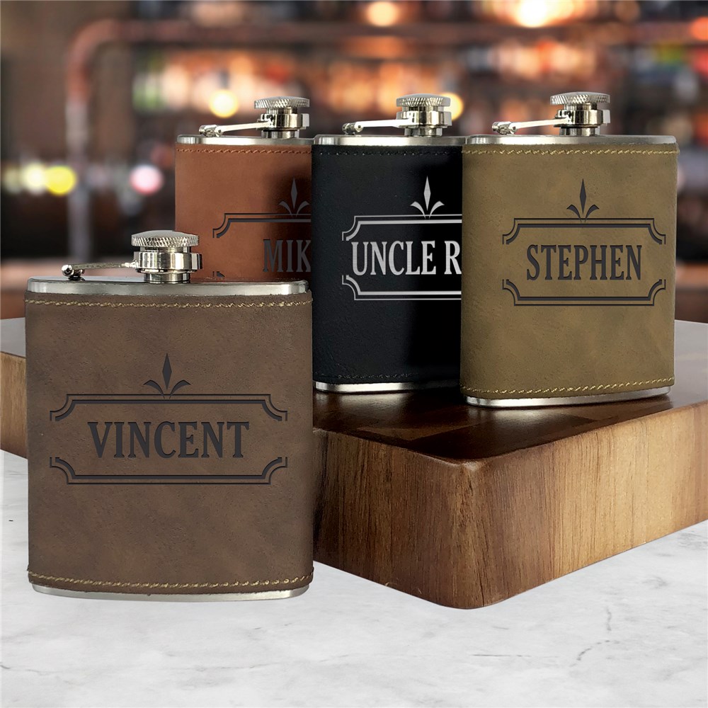 Engraved Ornate Border With Name Leatherette Flask L14785281X