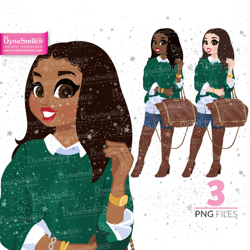 "Shantel" Digital Doll, Black Woman Fashion Clipart, African American, Melanin, Cute Black Girl Illustration, Digital Planner Sticker, PNG Download